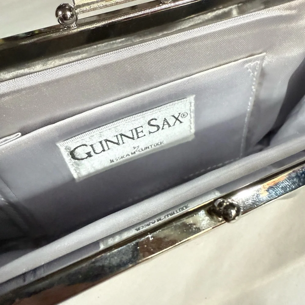 Gunne Sax Silver Satin Clutch Purse Chain Strap